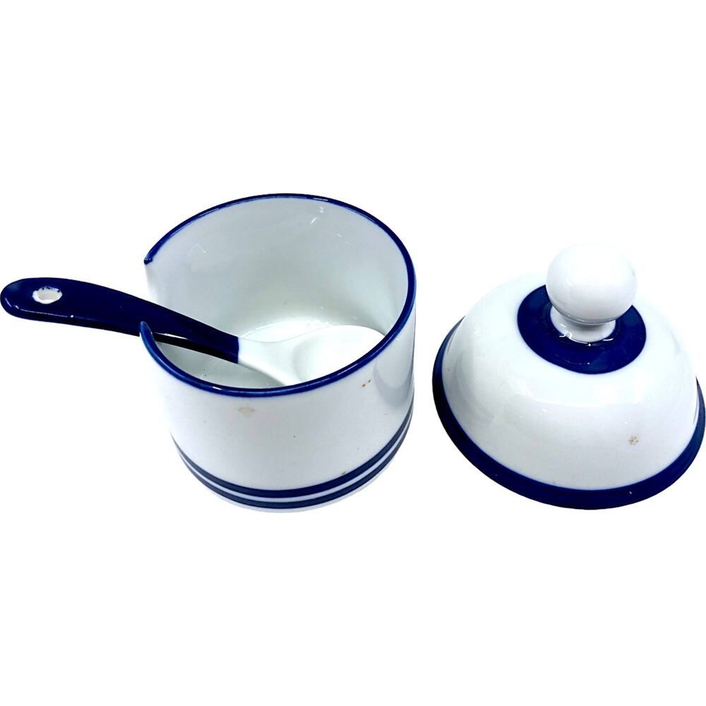 DANSK Blue & White Sugar Bowl w/ Lid & Serving Spoon - Picture 2 of 8